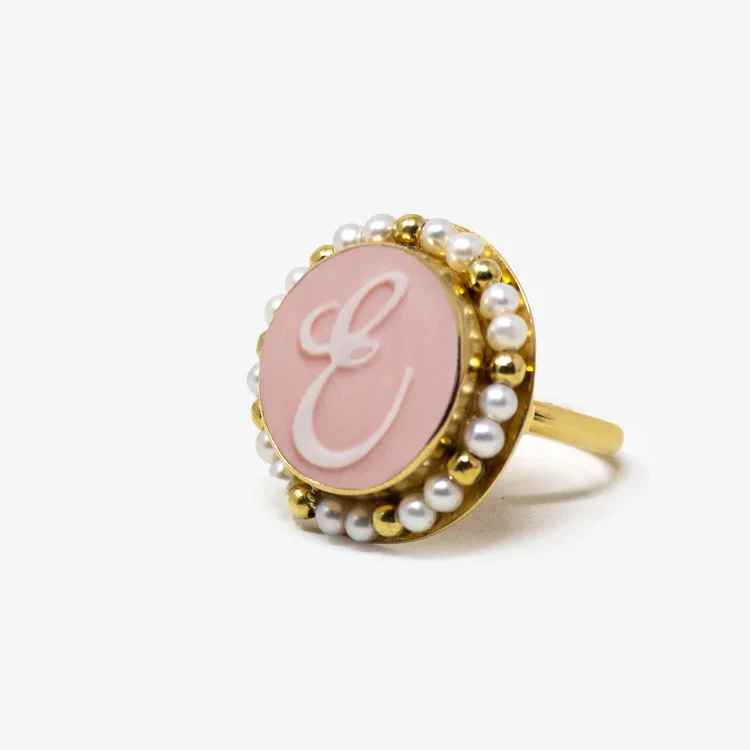 Gold Vermeil Pink Cameo Ring Initial E